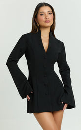 V Neck Long Sleeve Button Front Tulip Skirt Dress in Black