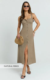 Button Front Tie Back Dress in Mocha