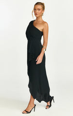 Faux Wrap One Shoulder Dress in Black