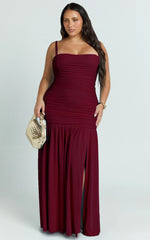 Ruched Mesh High Leg Split Dress in Wine