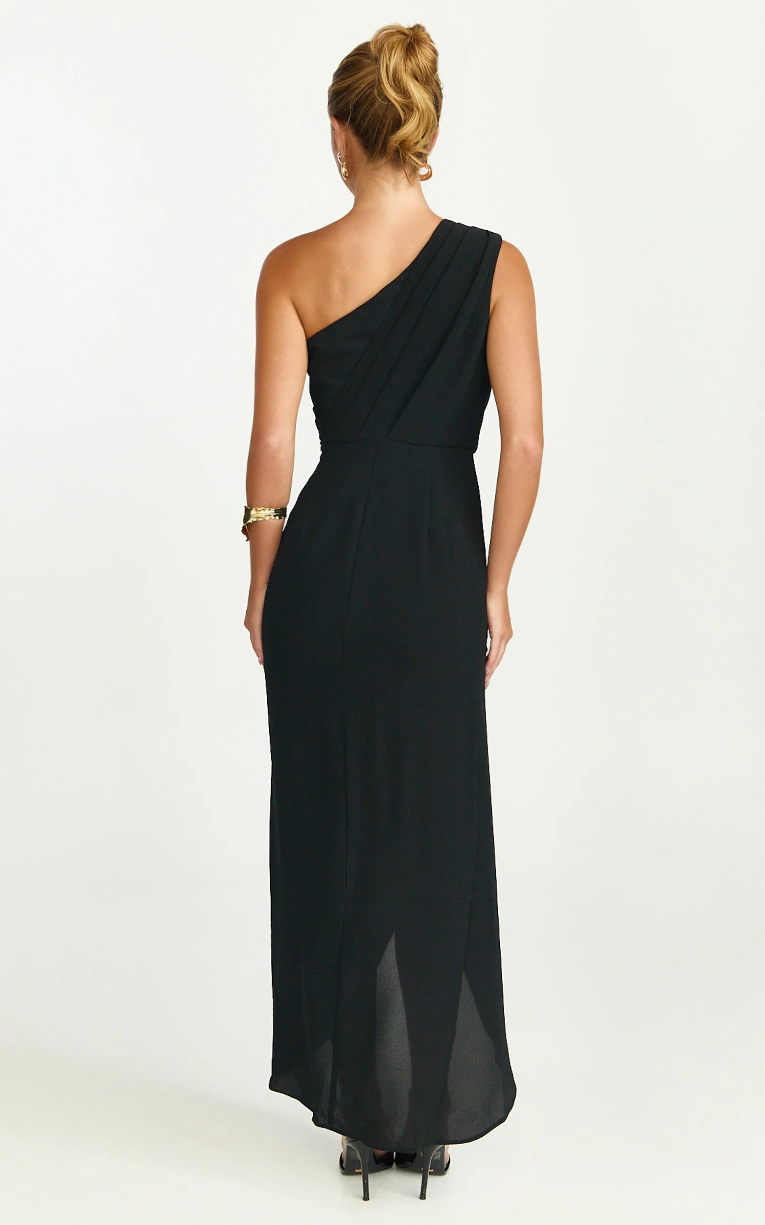 Faux Wrap One Shoulder Dress in Black