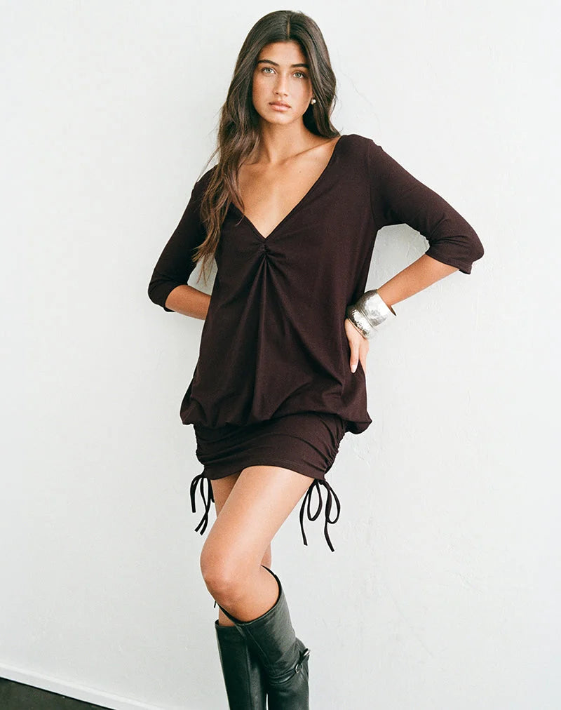 Sundari Quarter Sleeve Mini Dress in Rayon Jersey Chocolate Brown
