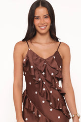 Ciao Ruffles Maxi Satin Dress - Brown Polka Dot