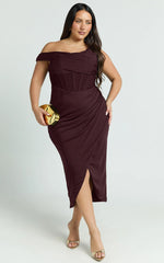Off Shoulder Draped Corset Dress in Burgundy