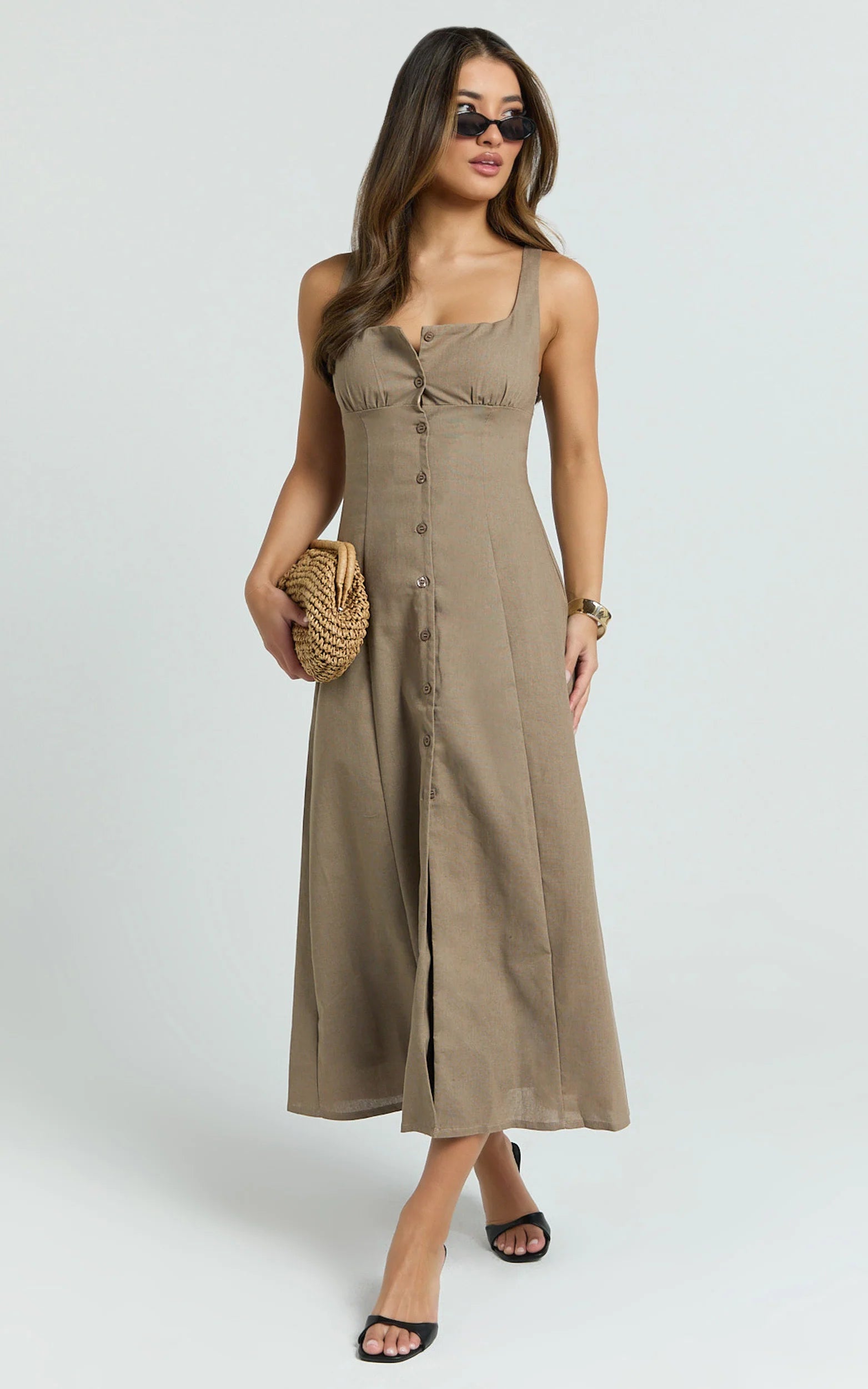 Button Front Tie Back Dress in Mocha