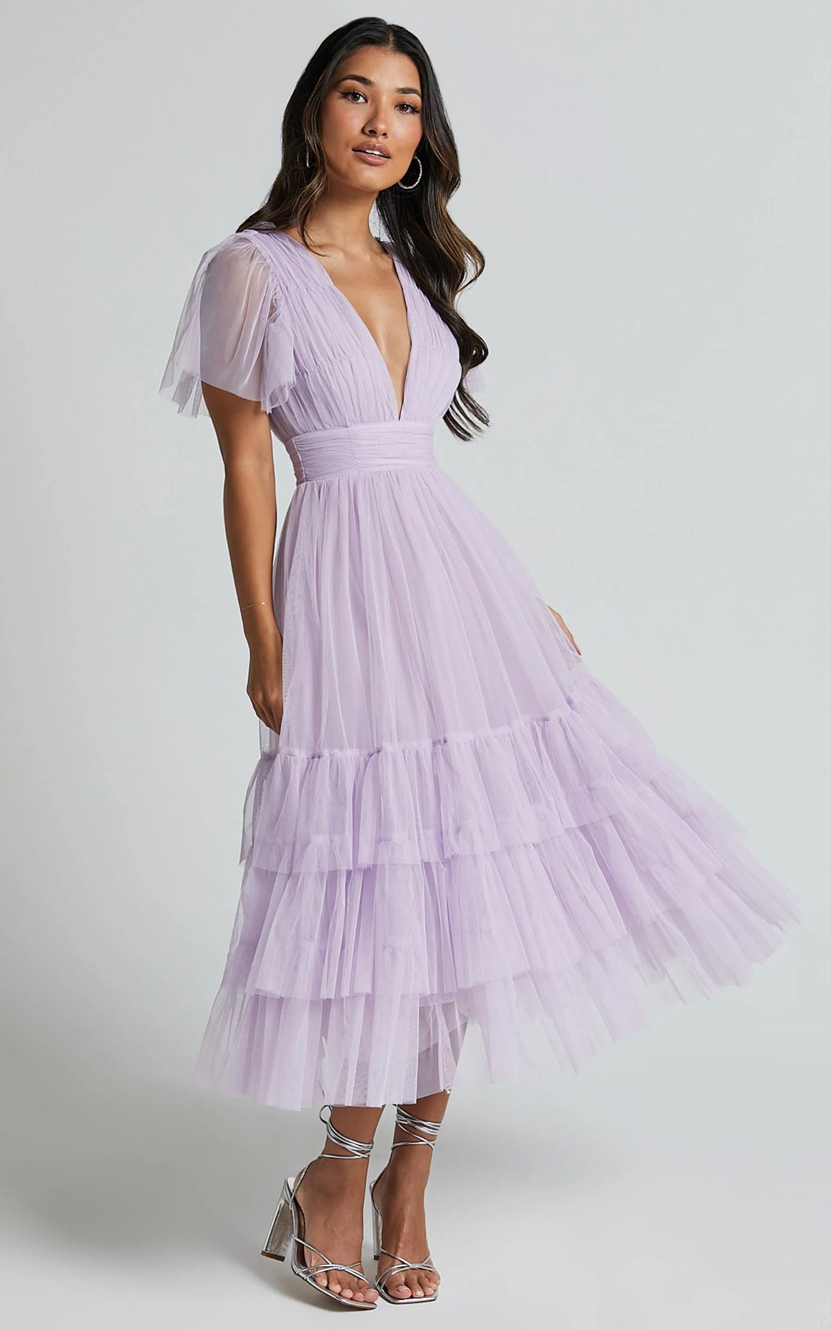 Flutter Sleeve Tuelle Plunge Dress in Lilac