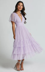 Flutter Sleeve Tuelle Plunge Dress in Lilac