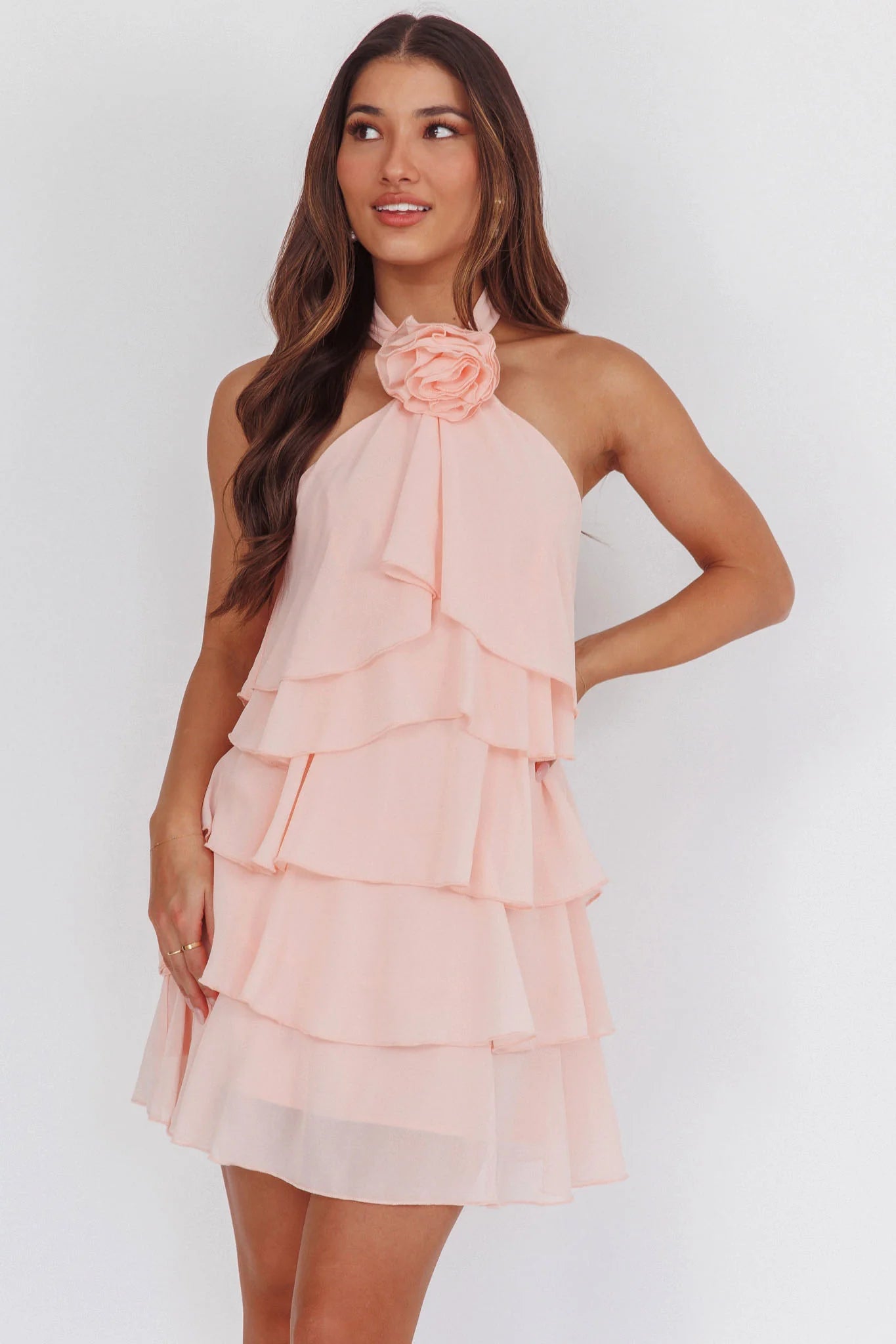 Southern Belles Halterneck Ruffle Mini Dress Pink
