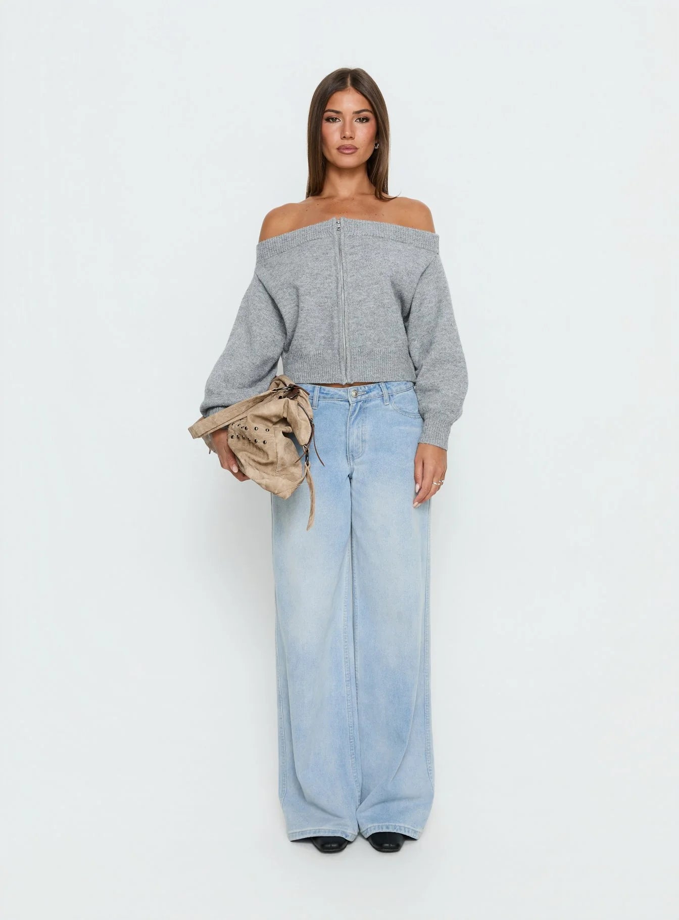Ortensa Off Shoulder Zip Through Jumper Grey Marle