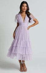Flutter Sleeve Tuelle Plunge Dress in Lilac